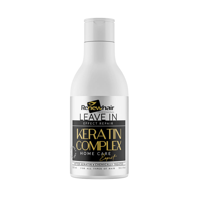 A bottle of Renew Hair Leave In Keratin Complex Home Care on a plain white background.