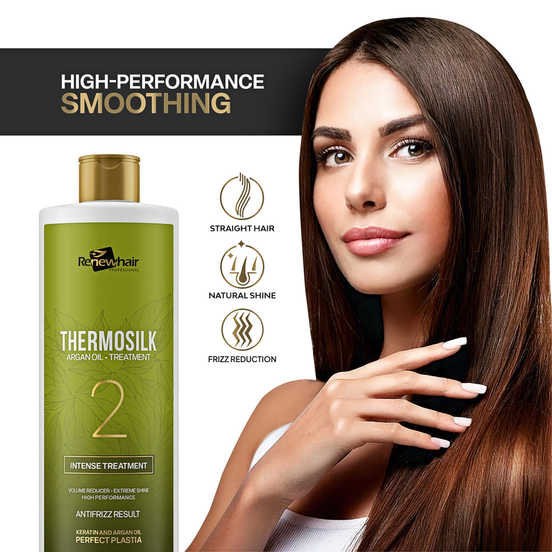 A woman with straight hair and a bottle of INOAR Thermoliss anti-frizz treatment shampoo.