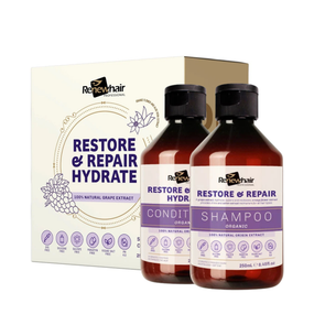 Renewhair Restore & Repair Hydrate hair care set featuring a cream-colored product box and two amber glass bottles of conditioner and shampoo with purple labels.