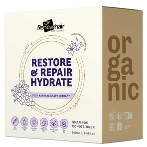 Box of Renewhair shampoo and conditioner with 'Restore & Repair Hydrate' text and organic label.